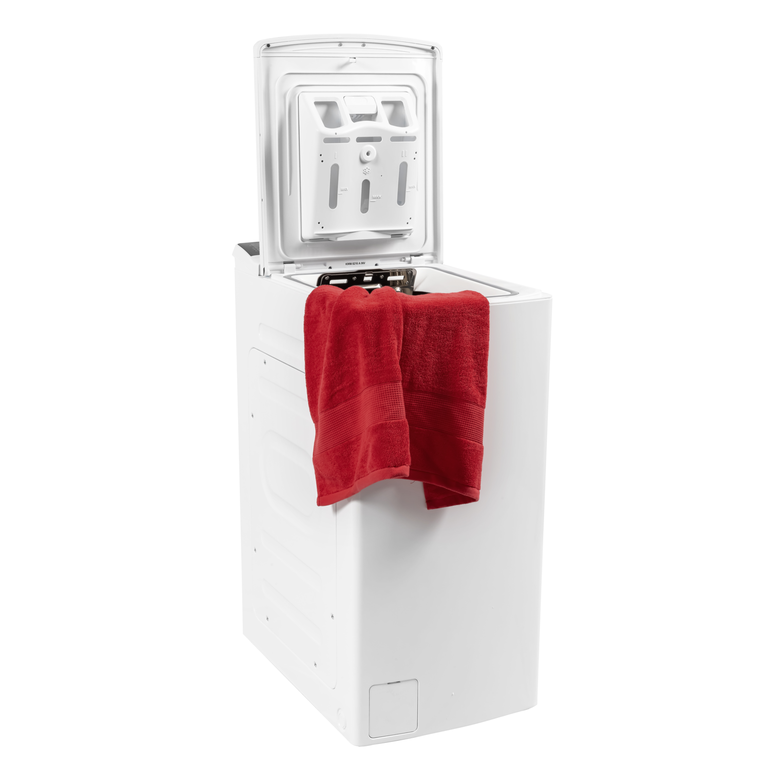 White washing machine, open lid revealing the interior. Two red towels hang over the edge.