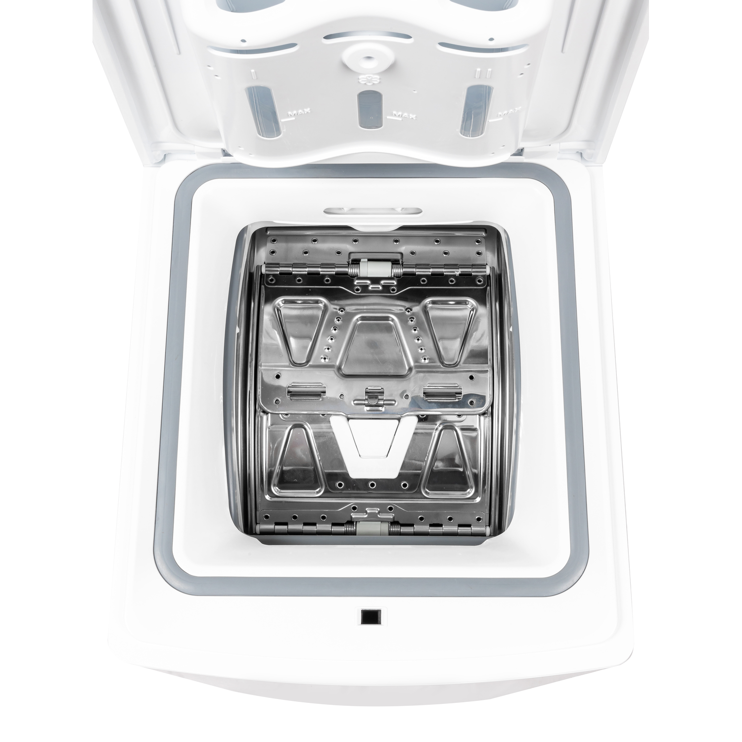 Top view of a white washing machine interior. The drum is stainless steel, lid is open.