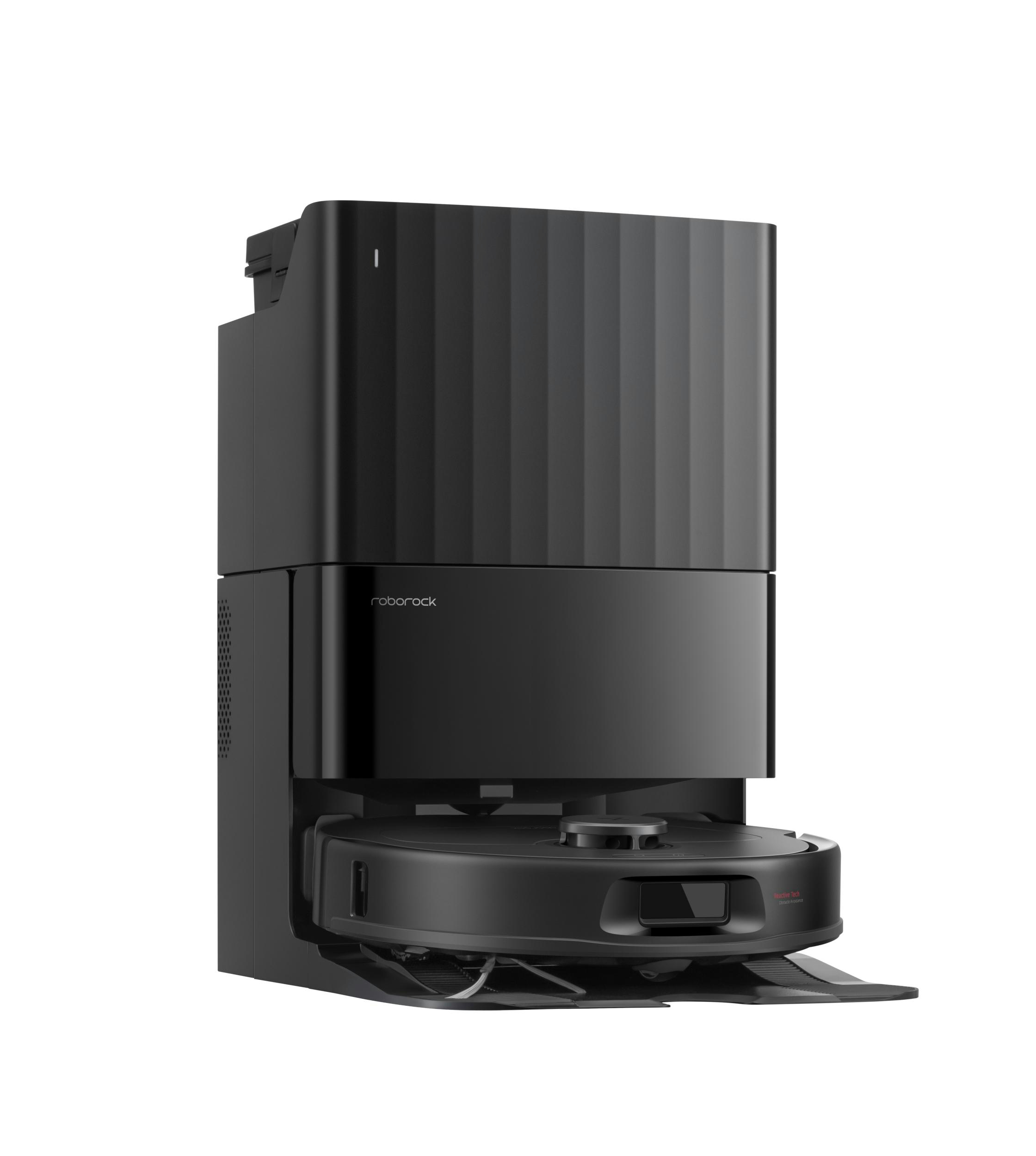 Schwarzer Roboter-Staubsauger mit schwarzer Basisstation. Die Station hat eine geriffelte Oberseite.