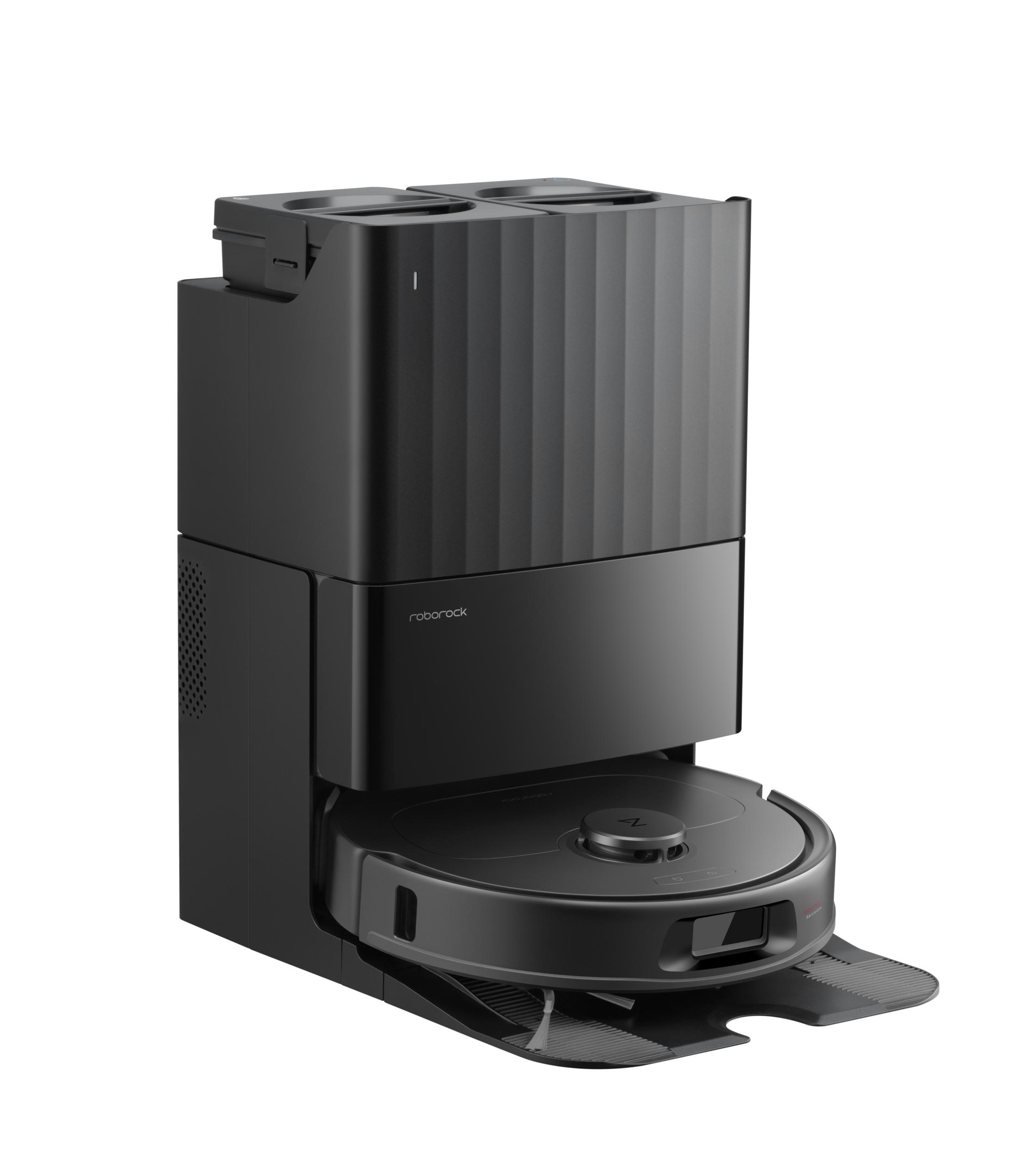 Schwarzer Roboter-Staubsauger mit schwarzer Basisstation. Die Station hat eine geriffelte Oberseite.