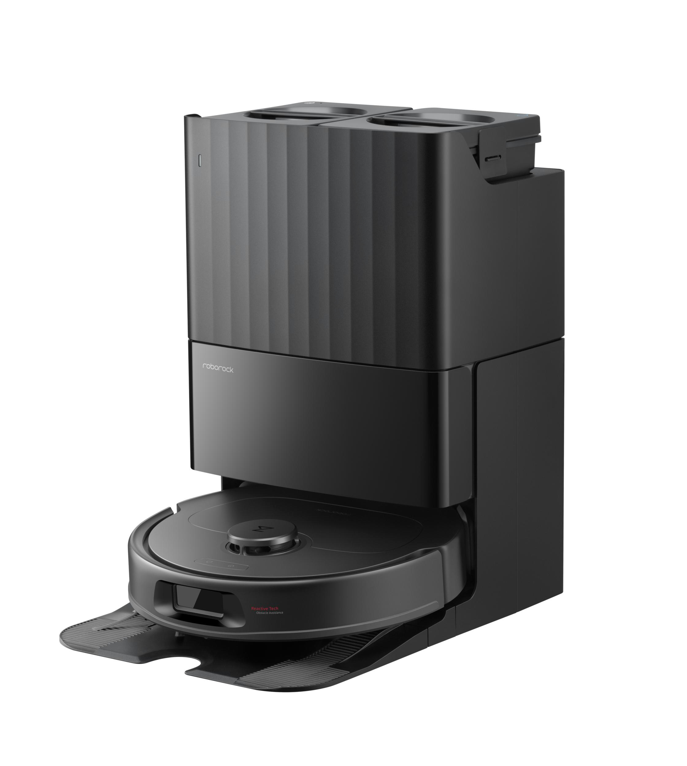 Schwarzer Roboter-Staubsauger mit schwarzer Basisstation. Die Station hat eine geriffelte Oberseite.