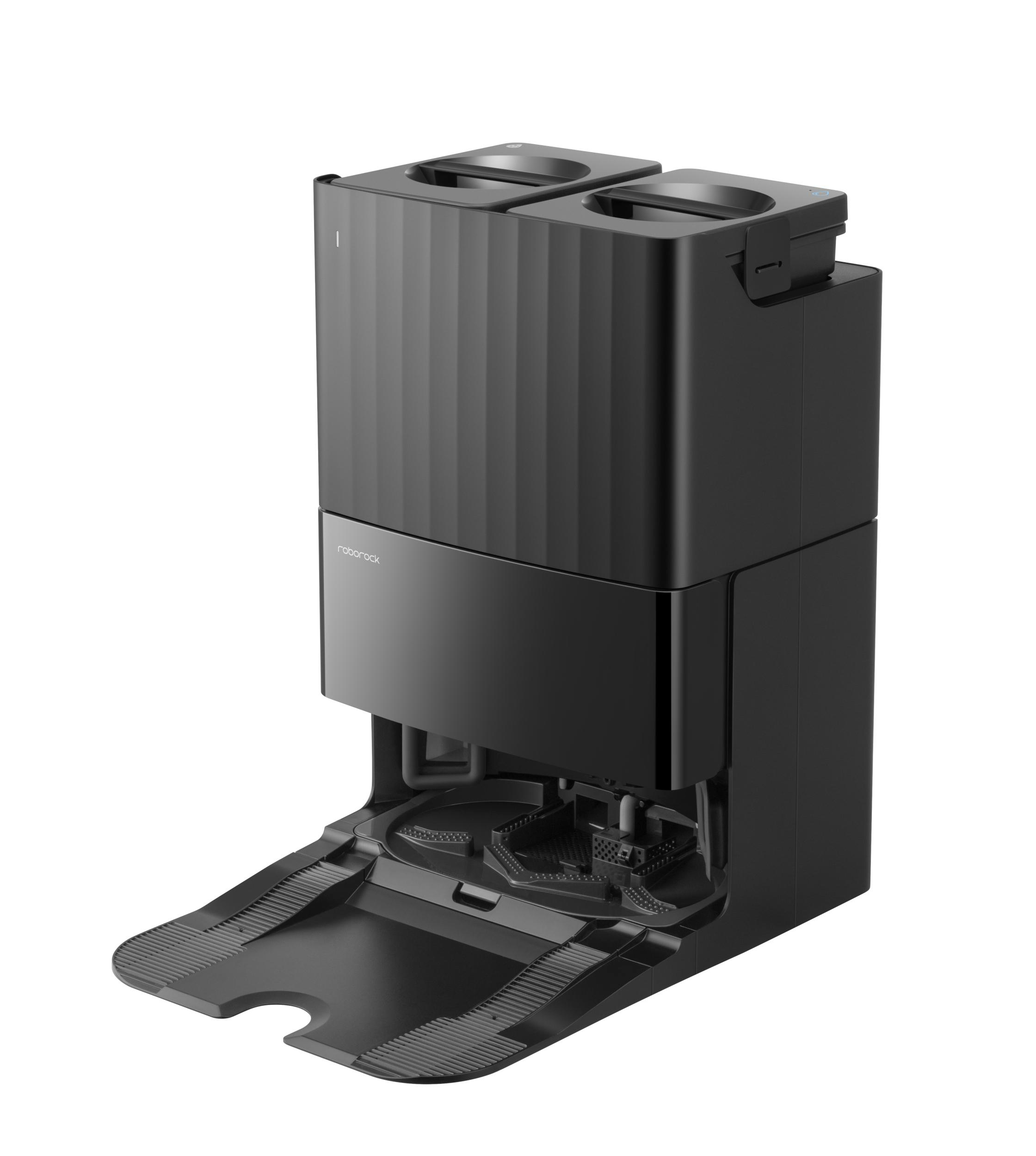 Schwarzer Roboter-Staubsauger mit schwarzer Basisstation. Die Station hat eine geriffelte Oberseite.