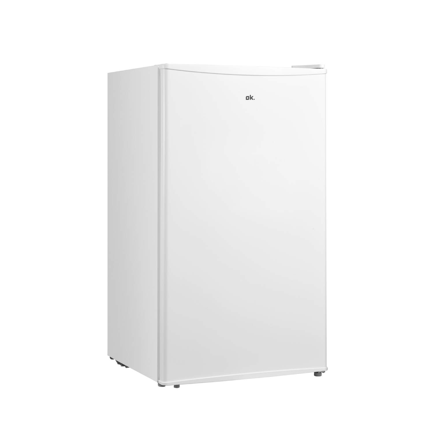 White refrigerator with open door, showing the interior shelves. White background.