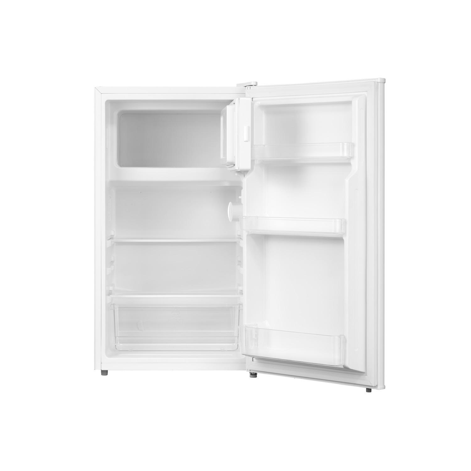 White refrigerator with open door showing shelves and a freezer drawer. White background.