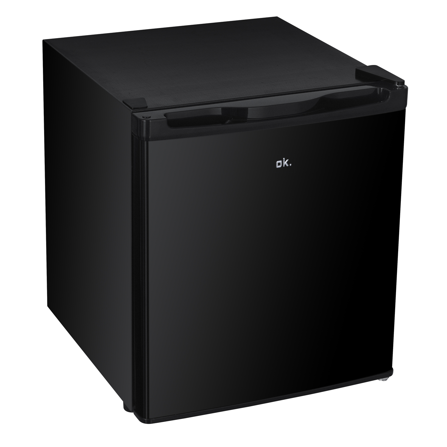 Black mini-fridge with the brand name "ok." on the door.
