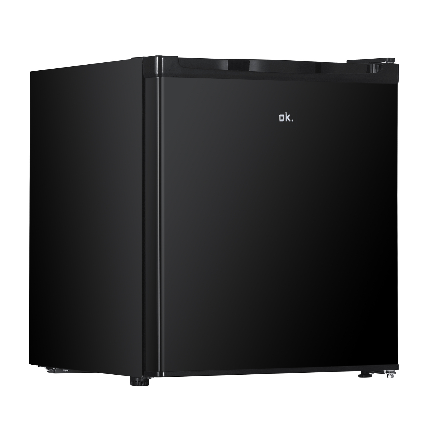 Black mini-fridge with the brand name "ok." on the door.