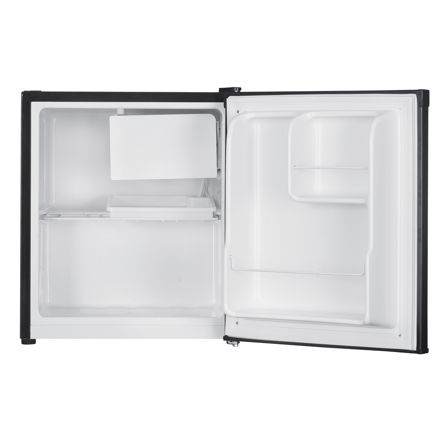 Open black mini-fridge with empty interior, shelves visible. Door open.