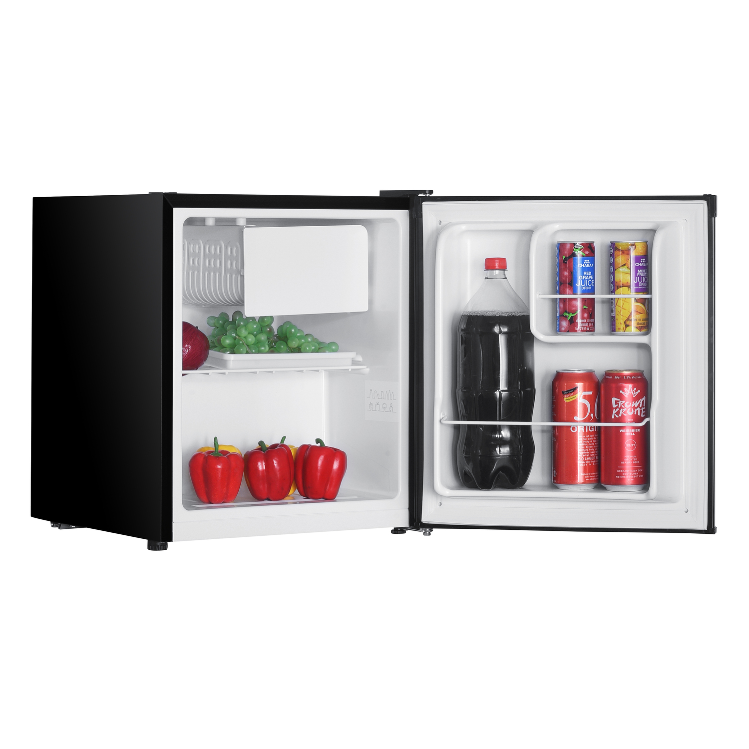 Black mini-fridge open, filled with drinks, fruits, and vegetables. Items visible.