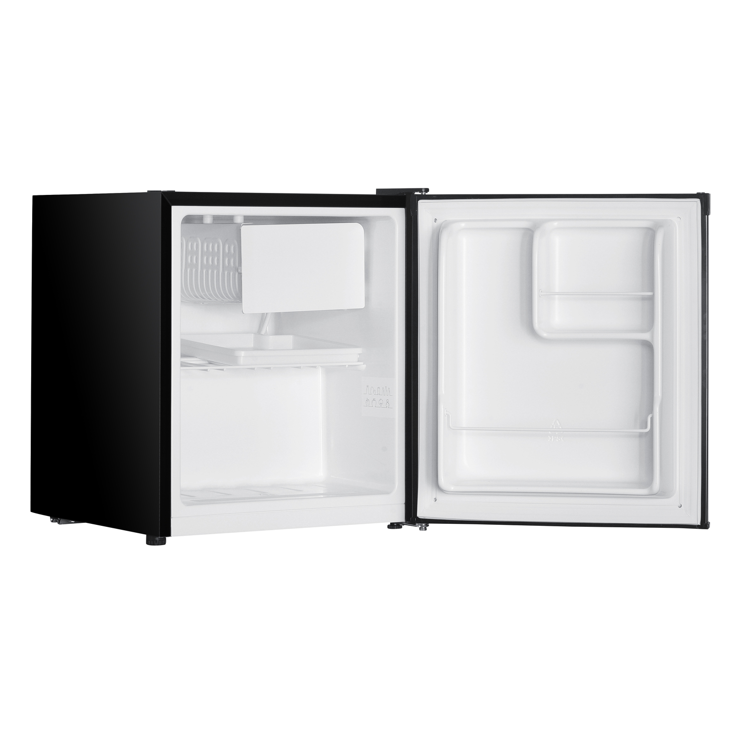 Open black mini-fridge. Interior with shelves and compartments is visible.