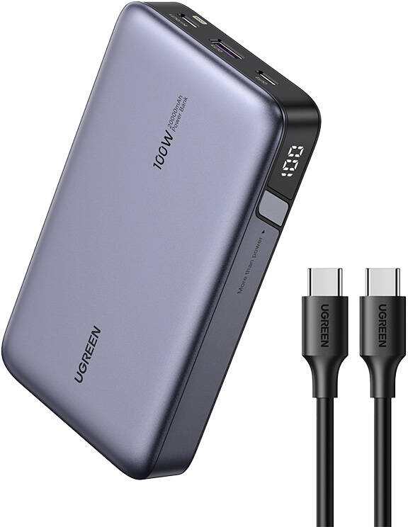 Szürke power bank 100-zal a kijelzőn, USB-C portokkal és UGREEN logóval.