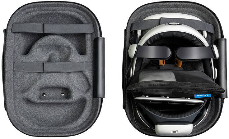A nyitott szürke BOBVR hordtáska VR headsettel.