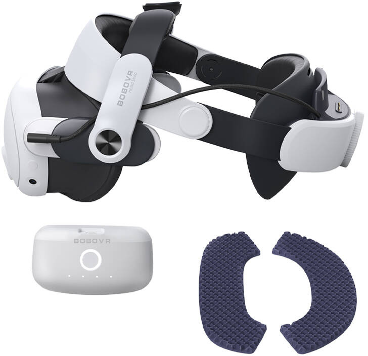 VR headset fehér és fekete részekkel. BOBOVR márkanév. Kiegészítők a képen.