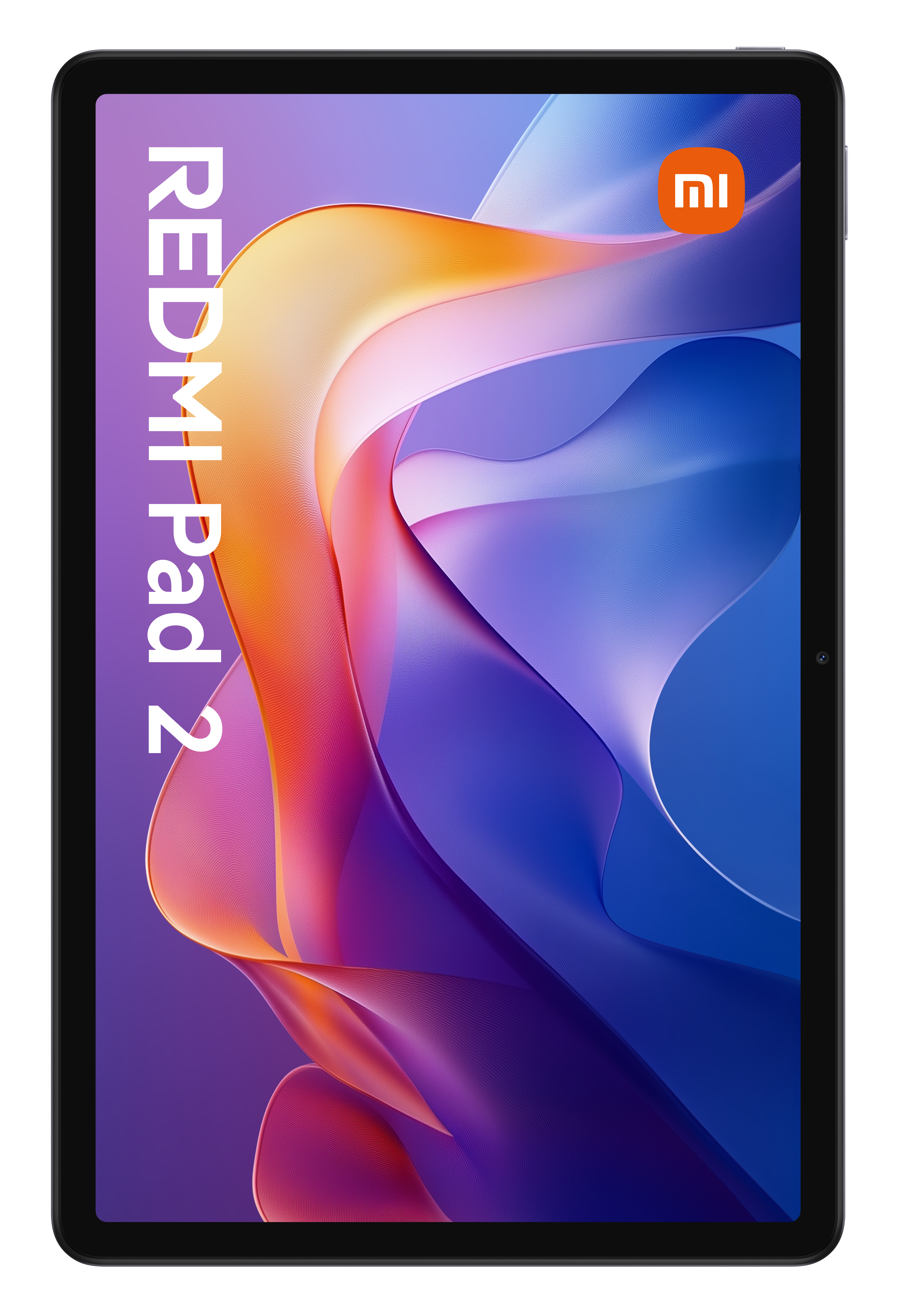 Czarny tablet wyświetla kolorowy, abstrakcyjny obraz z pionowym napisem 'REDMI Pad 2'. Logo Xiaomi jest w rogu.