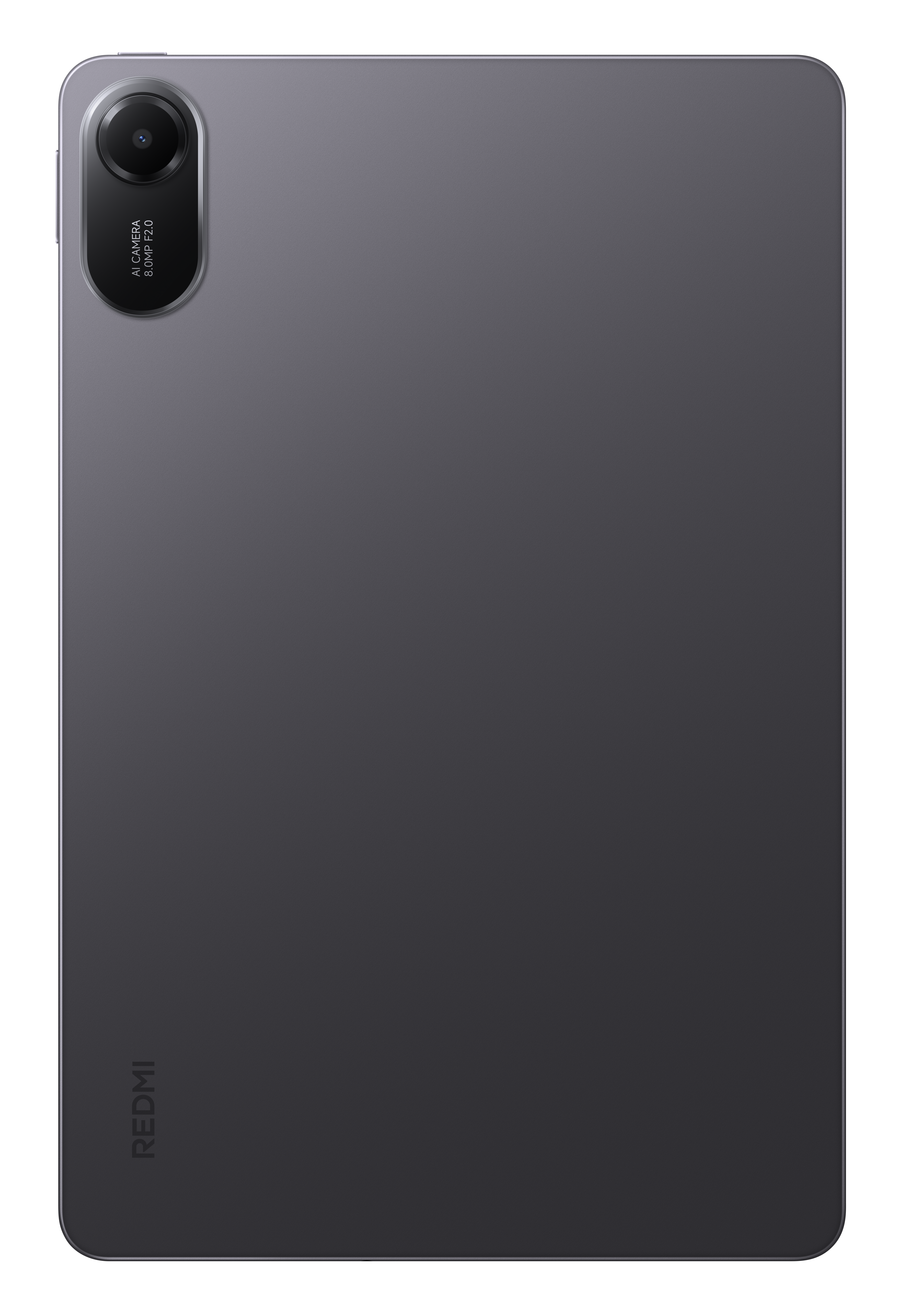 Tył szarego tabletu Redmi. Posiada moduł aparatu i logo Redmi. Powierzchnia jest teksturowana.