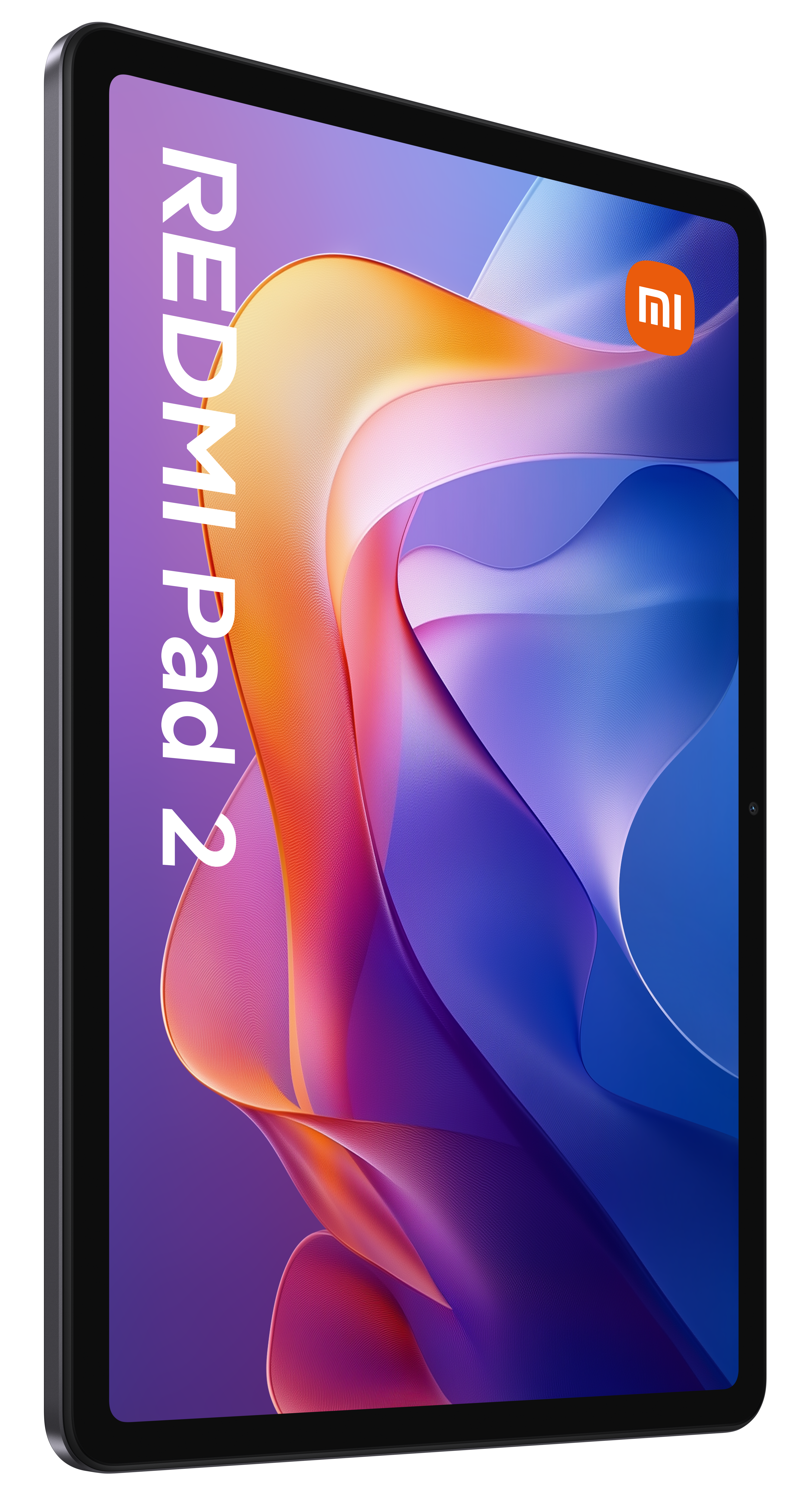 Tablet Redmi Pad 2 z ekranem wyświetlającym kolorowe abstrakcyjne kształty, pomarańczowe logo Xiaomi i czarną ramkę.
