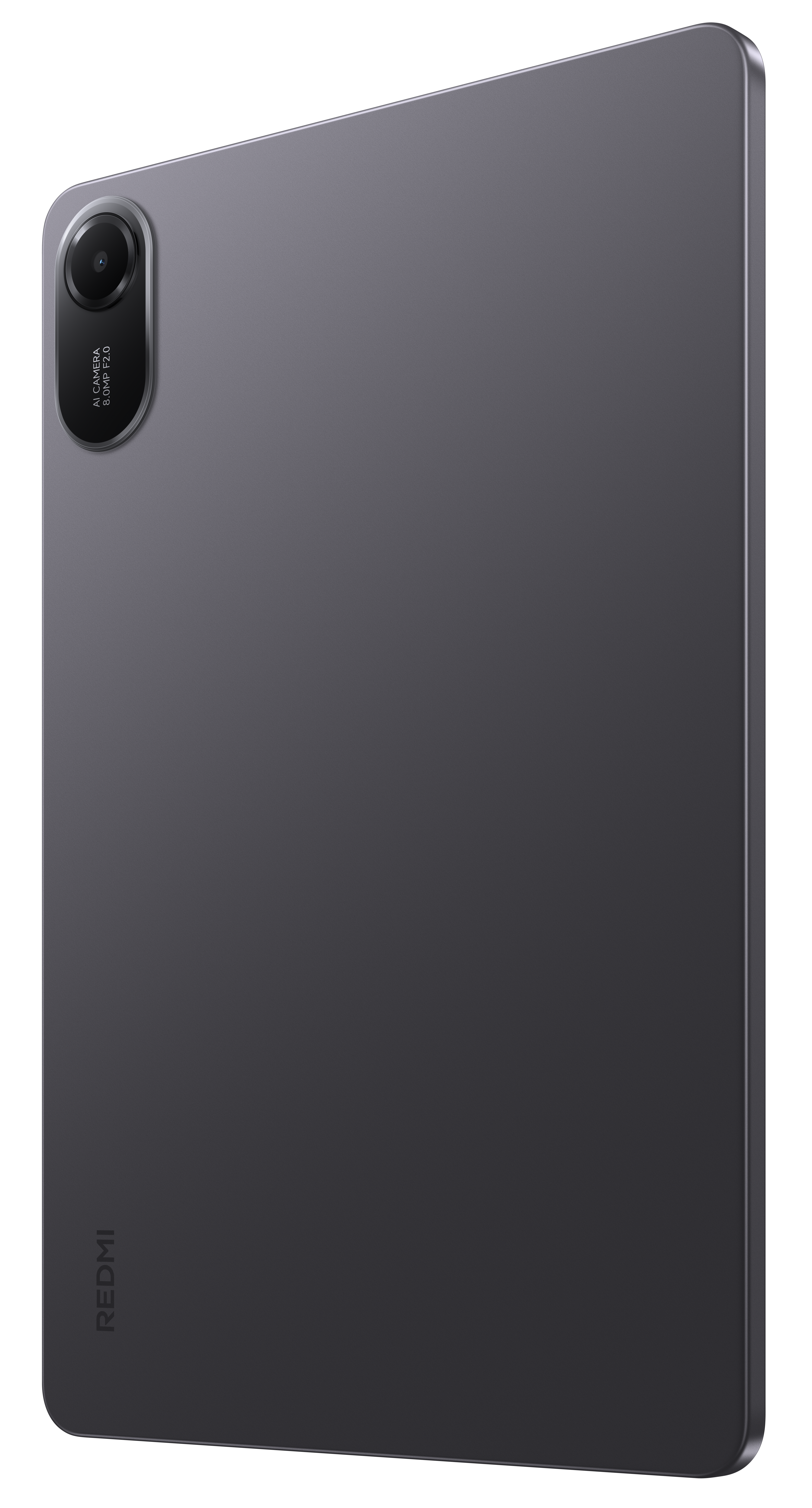 Ciemnoszary tablet z aparatem po lewej stronie u góry. Marka 'REDMI' wydrukowana pionowo na dole po lewej.