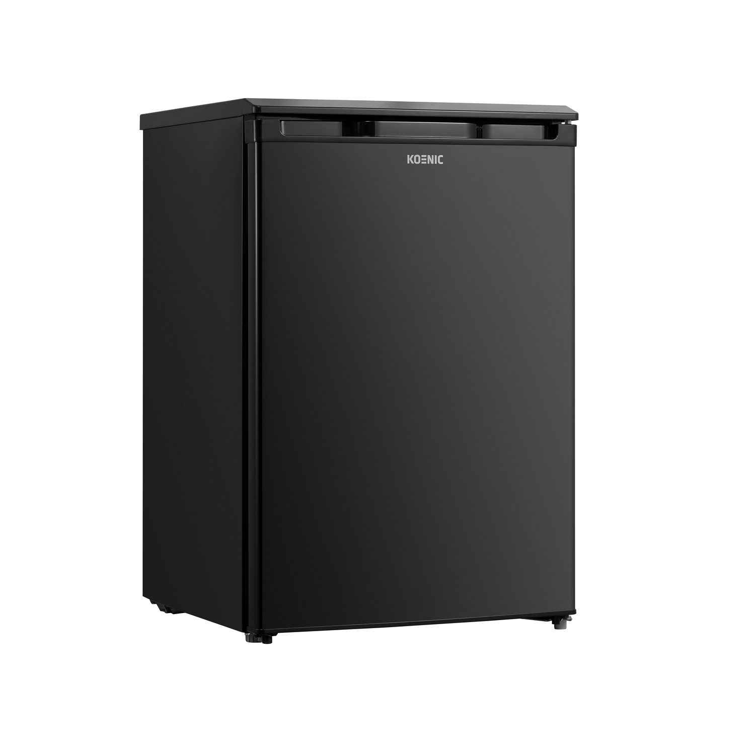 Black Koenic mini-fridge, on a white background. It has a handle on top and the brand name on the door.