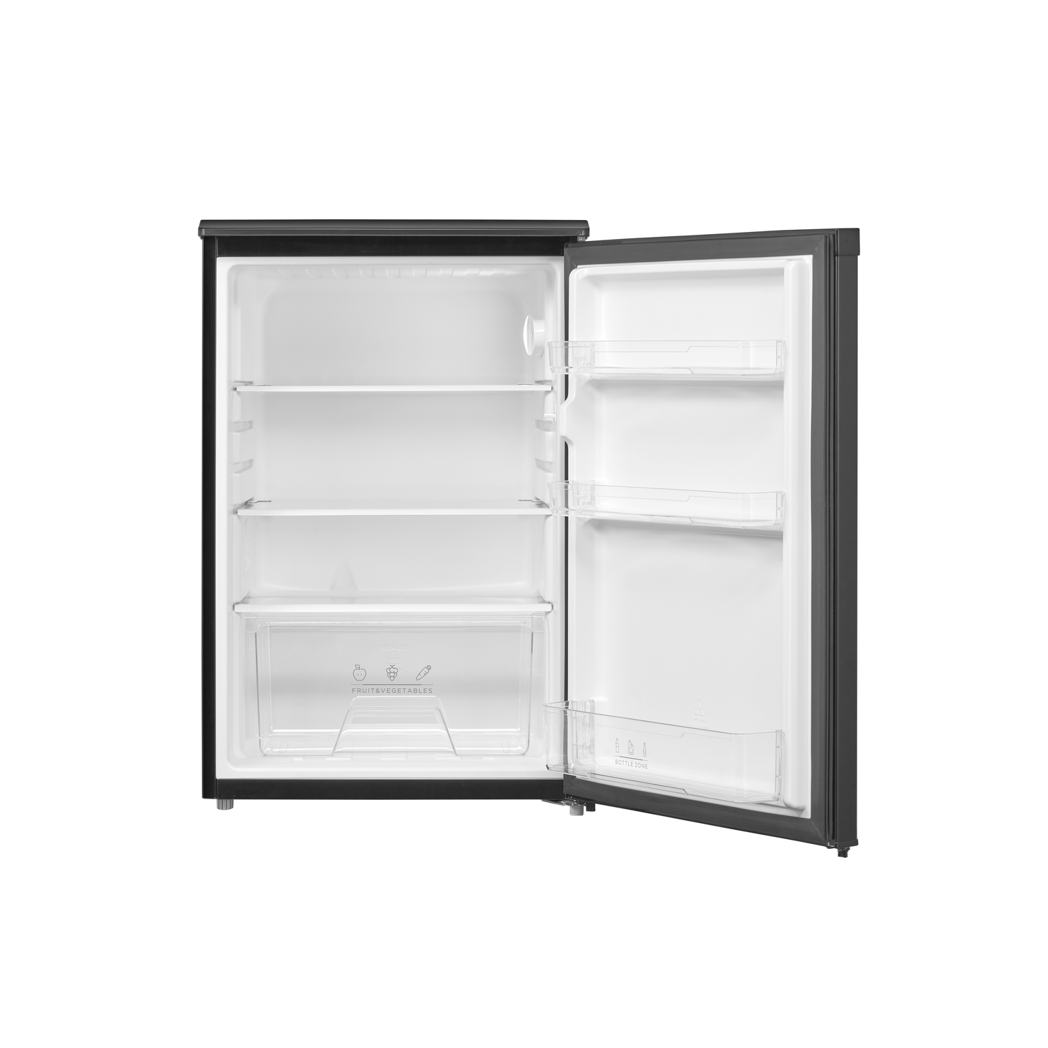 An open, empty black mini-fridge against a white background. It has shelves and a crisper drawer, ready for use.