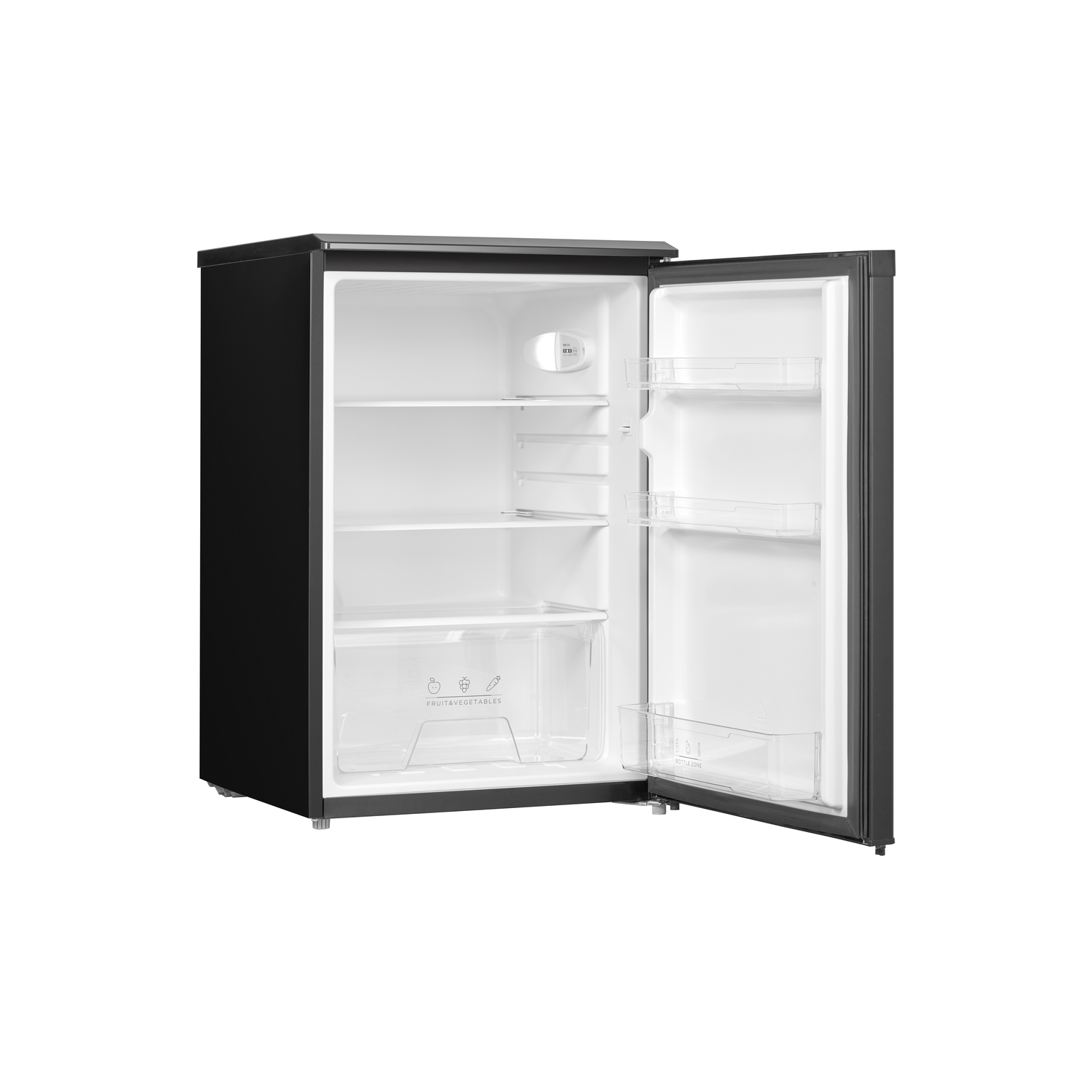 Black mini-fridge with open door on white. Interior has shelves and compartments. Labels: fruit/vegetables, bottle zone.