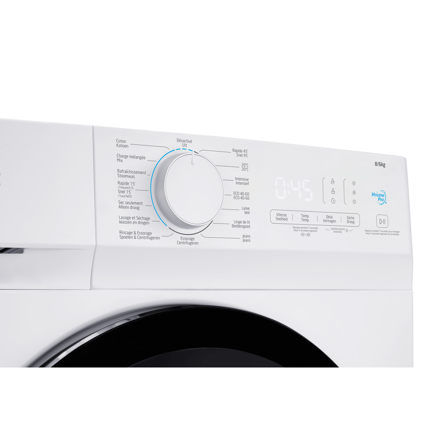 Close-up of the control panel of a washing machine, showing settings and display.