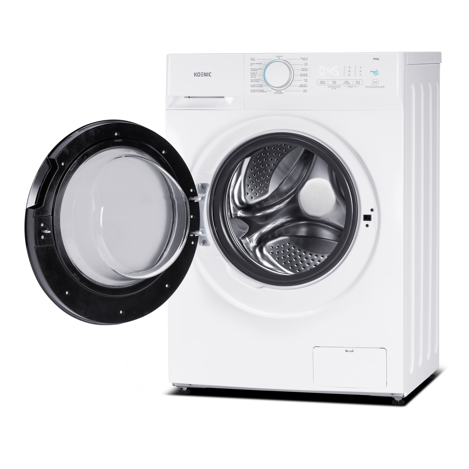 White Koenic washing machine with its door open, showing the drum interior.