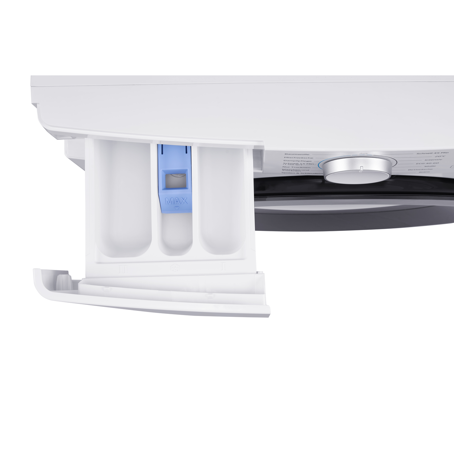 Washing machine detergent dispenser, with the blue MAX indicator visible.
