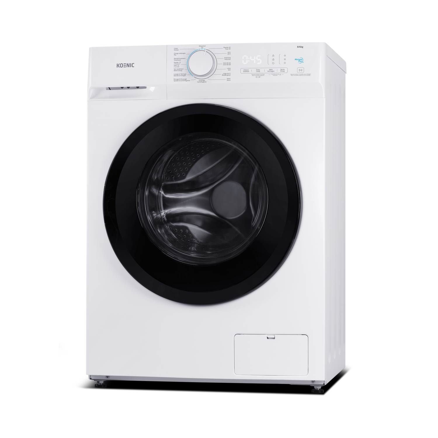 White Koenic washing machine, front view, with black door and control panel.