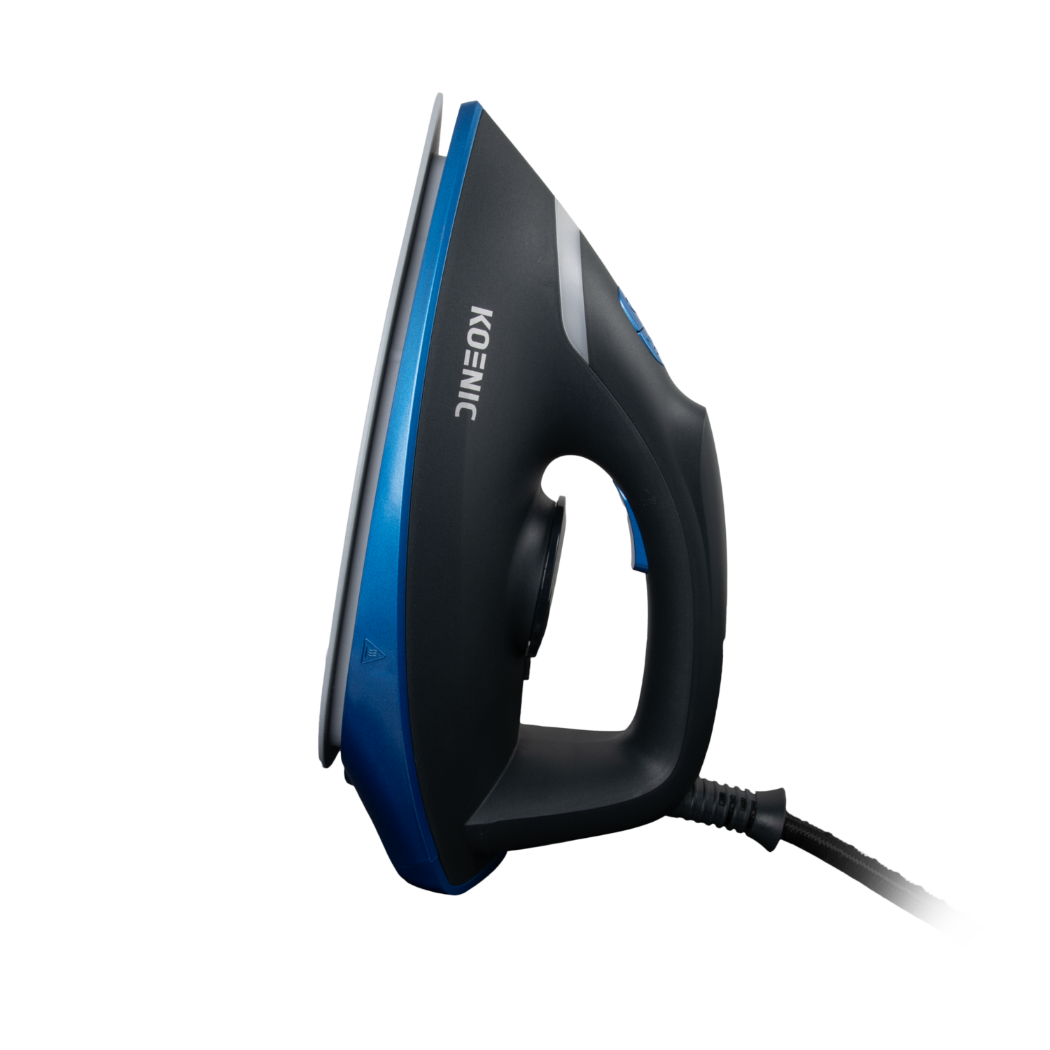 Side view of a black and blue Koenic steam iron, showing the handle and soleplate.