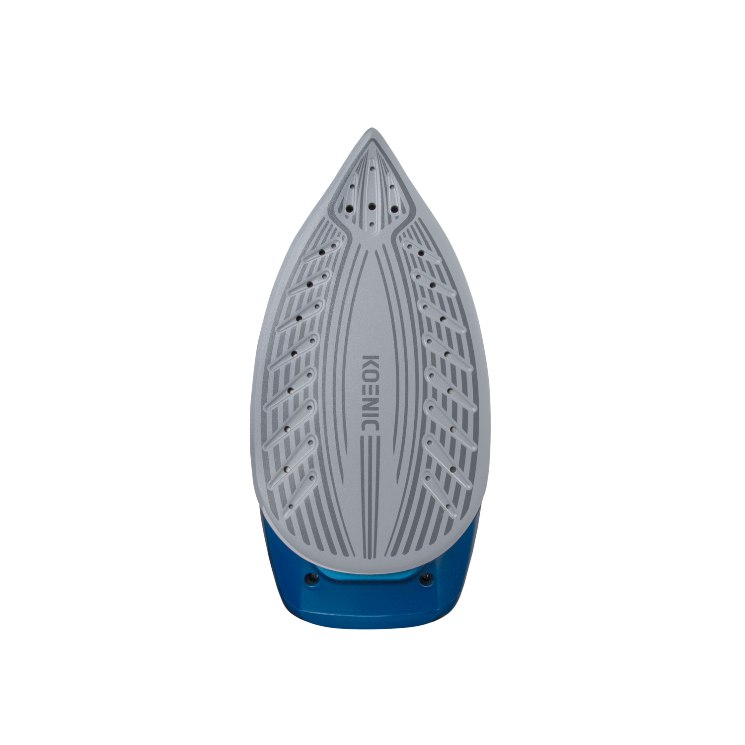 Close-up view of the soleplate of a Koenic steam iron, showing steam vents.