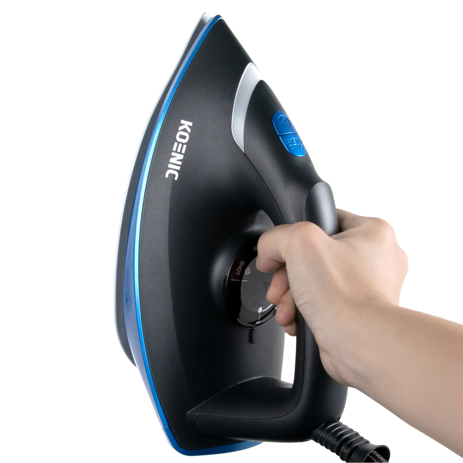 Hand adjusting the dial on a black and blue Koenic steam iron, black background.