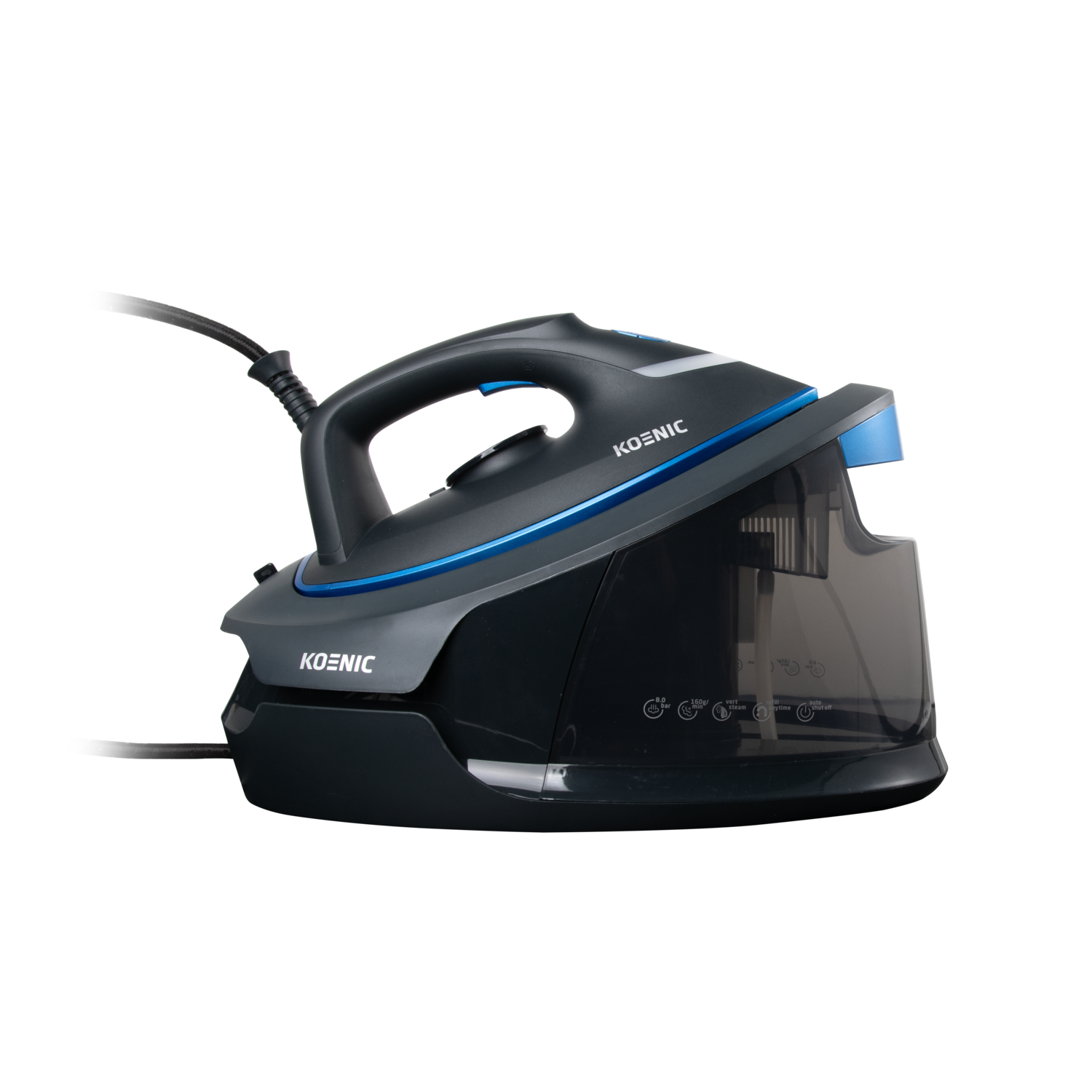 Black and blue iron with KOENIC logo. Water tank on the right. Black background.