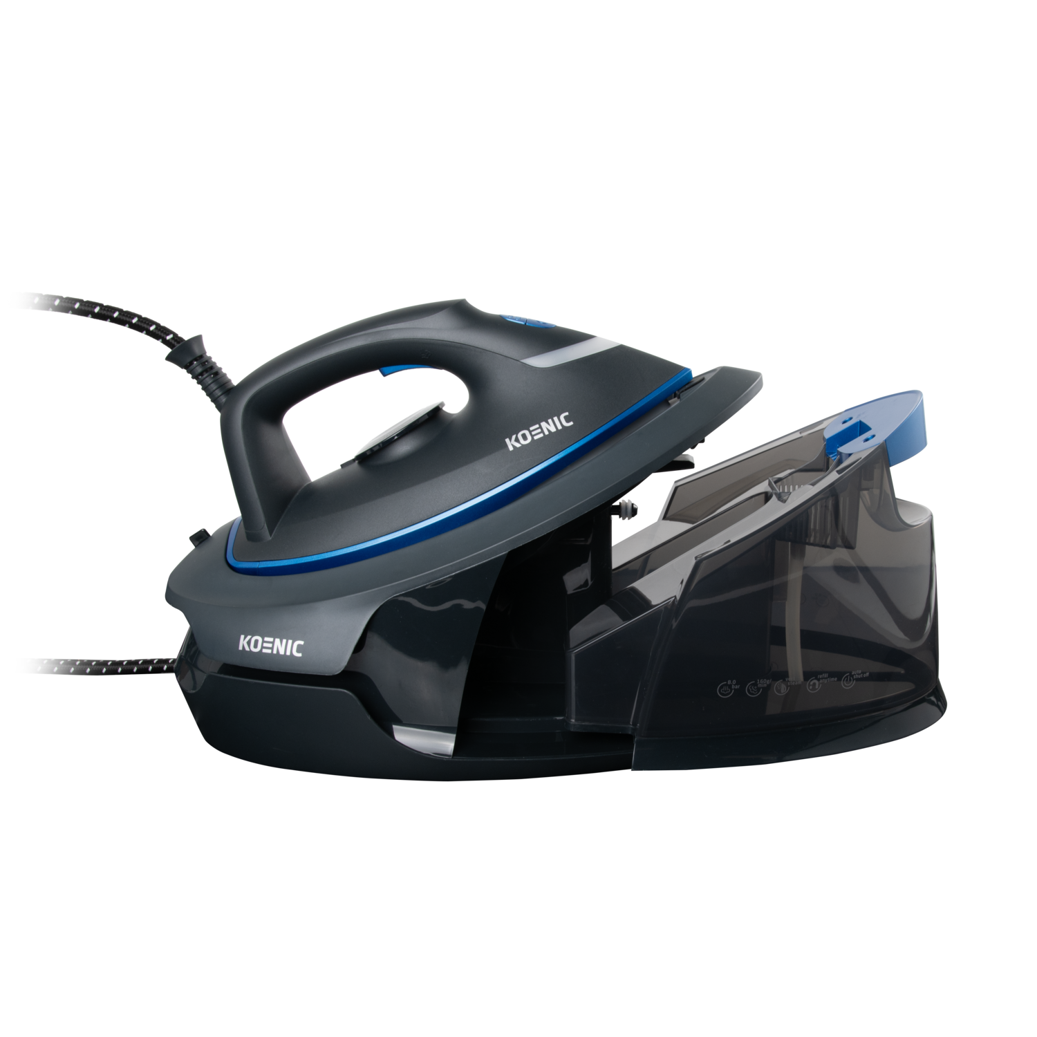 Black and blue iron with KOENIC logo. Water tank open. Black background.