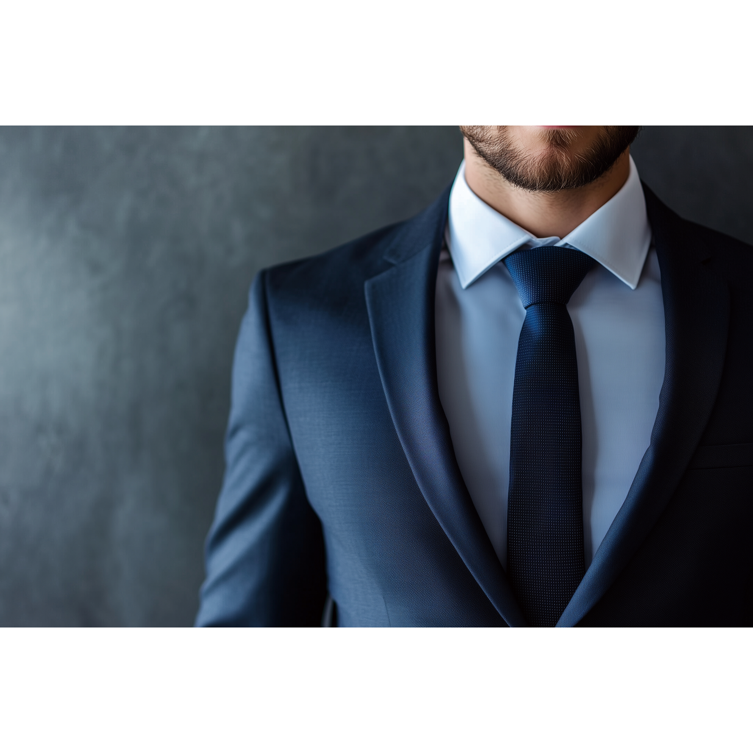 Man in a dark blue suit, white shirt, and dark tie. Grey background.