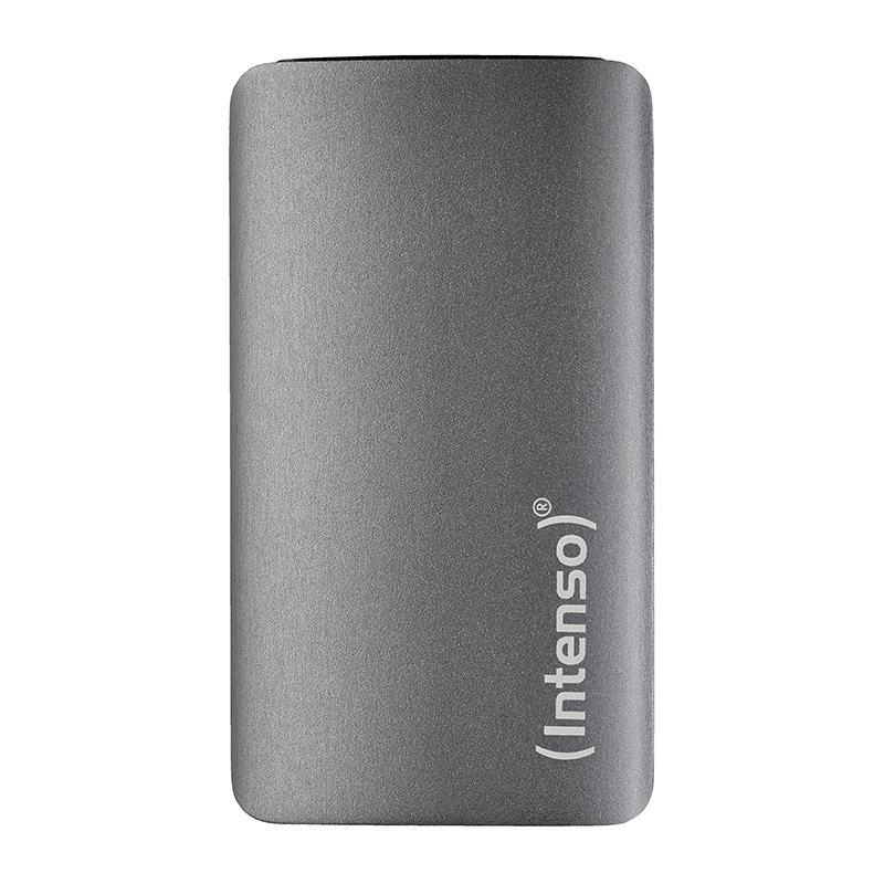 Eine silberne Intenso externe SSD, die die Oberseite mit dem Intenso-Logo zeigt.
