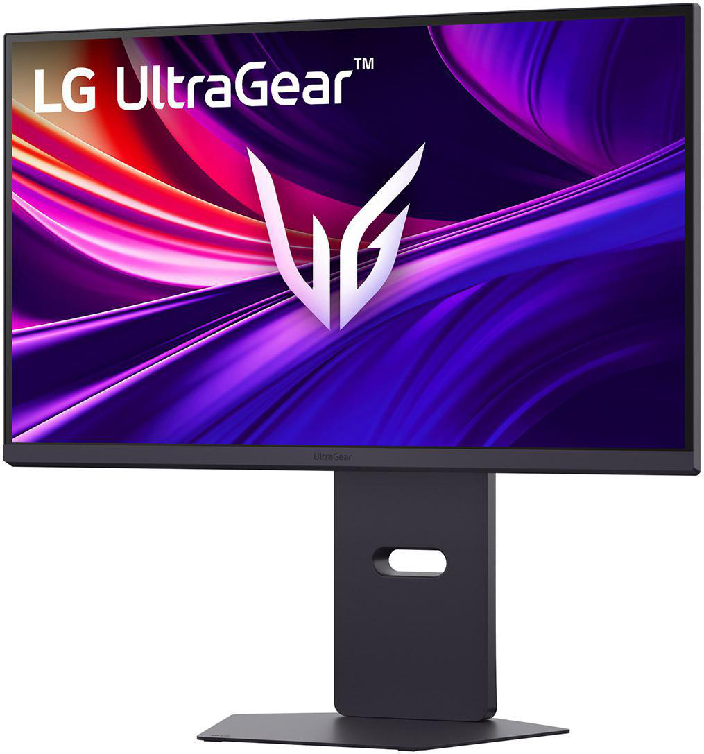 Ein LG UltraGear Gaming-Monitor auf einem Ständer, der einen farbenfrohen, abstrakten Hintergrund zeigt.