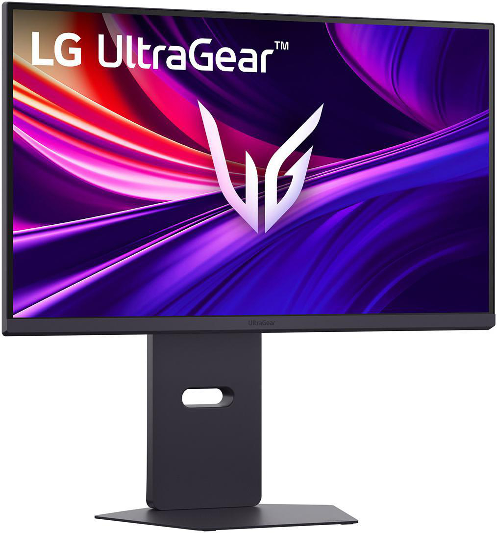 Ein LG UltraGear Gaming-Monitor auf einem Ständer, der einen farbenfrohen, abstrakten Hintergrund zeigt.