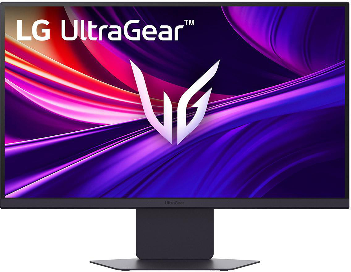 Ein LG UltraGear Monitor auf einem Ständer, der einen farbenfrohen, abstrakten Hintergrund zeigt.