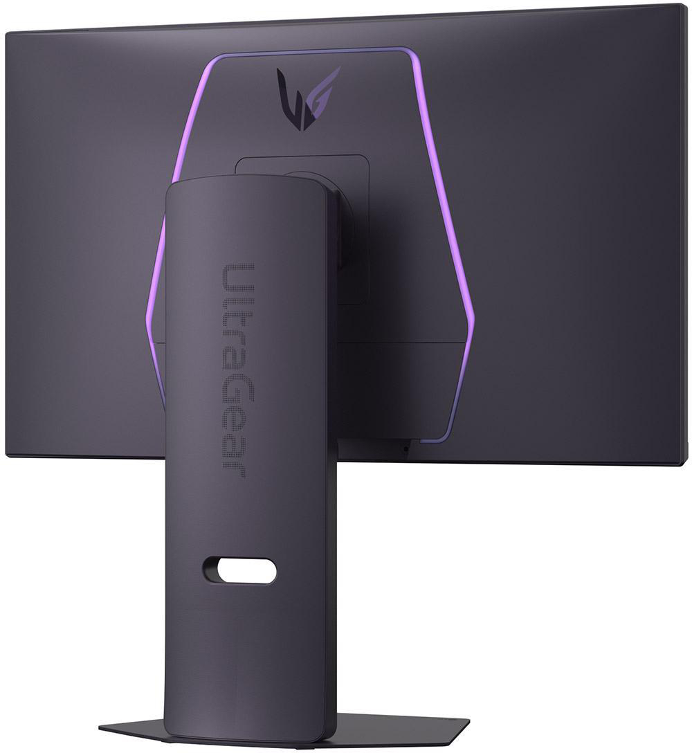 Seitenansicht eines LG UltraGear Monitors auf einem Ständer. Der Monitor ist dunkelgrau.