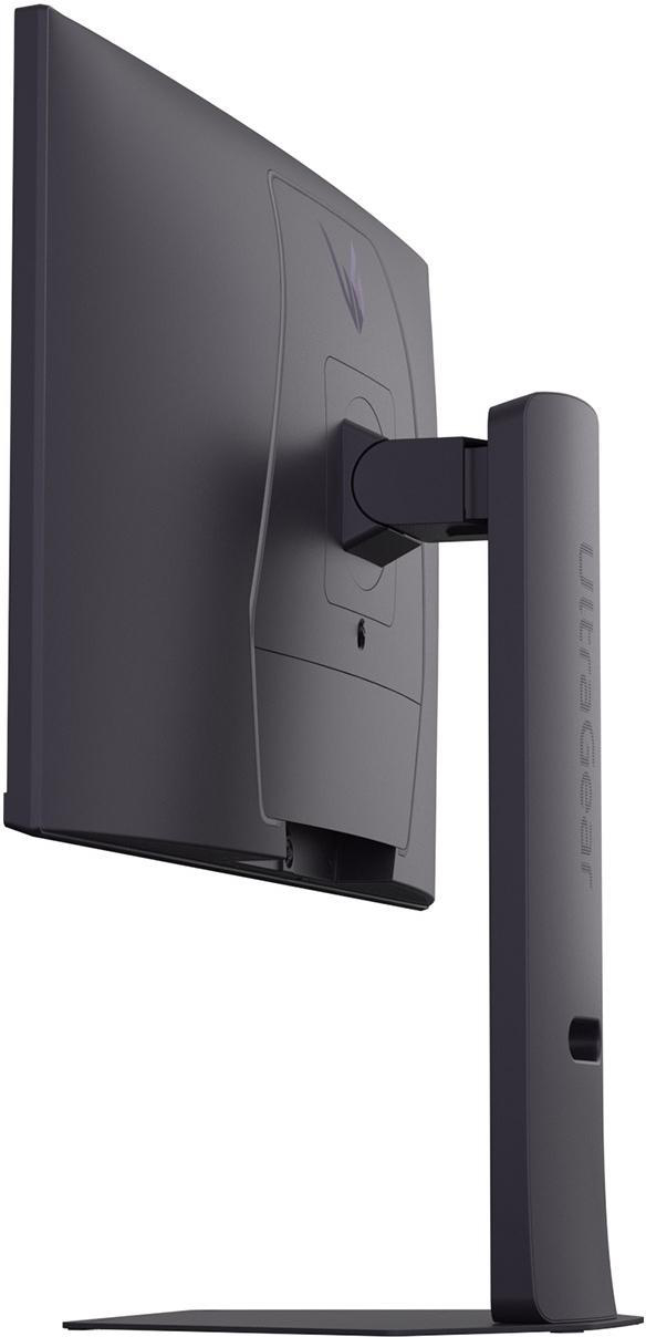 Seitenansicht eines LG UltraGear Monitors auf einem Ständer. Der Monitor ist geneigt.
