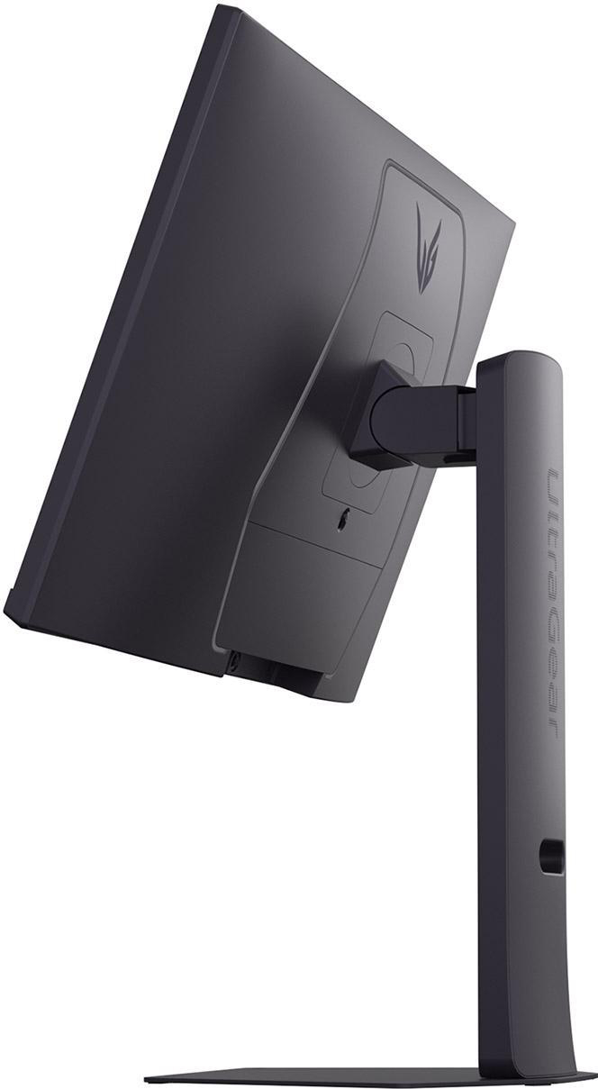 Draufsicht auf einen LG UltraGear Monitor, der Bildschirm und Ständer zeigt.