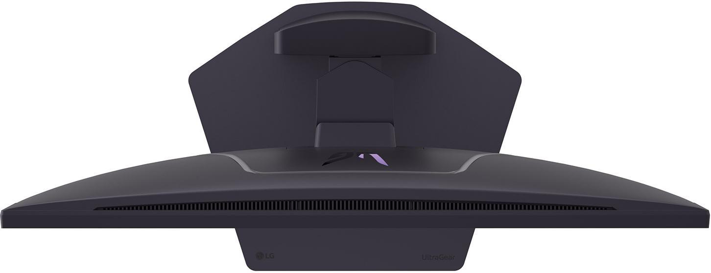Draufsicht auf einen LG UltraGear Monitor, die Ober- und Rückseite des Ständers zeigend.