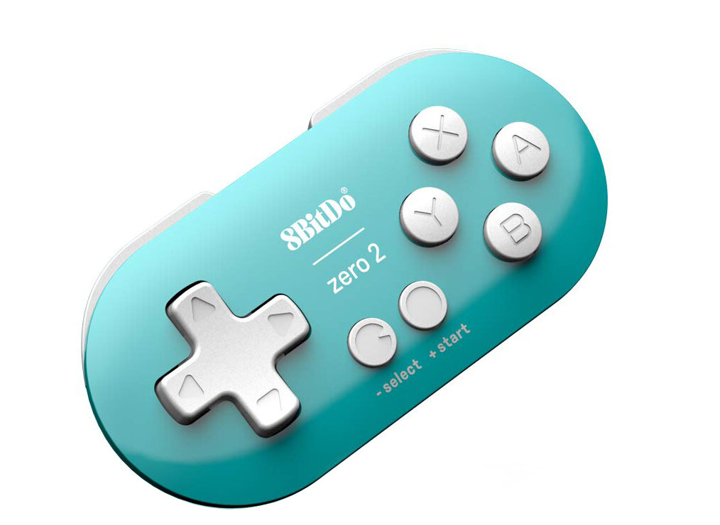 Turkusowy kontroler z białymi przyciskami. Posiada d-pad, przyciski X, Y, A i B oraz przyciski select i start.