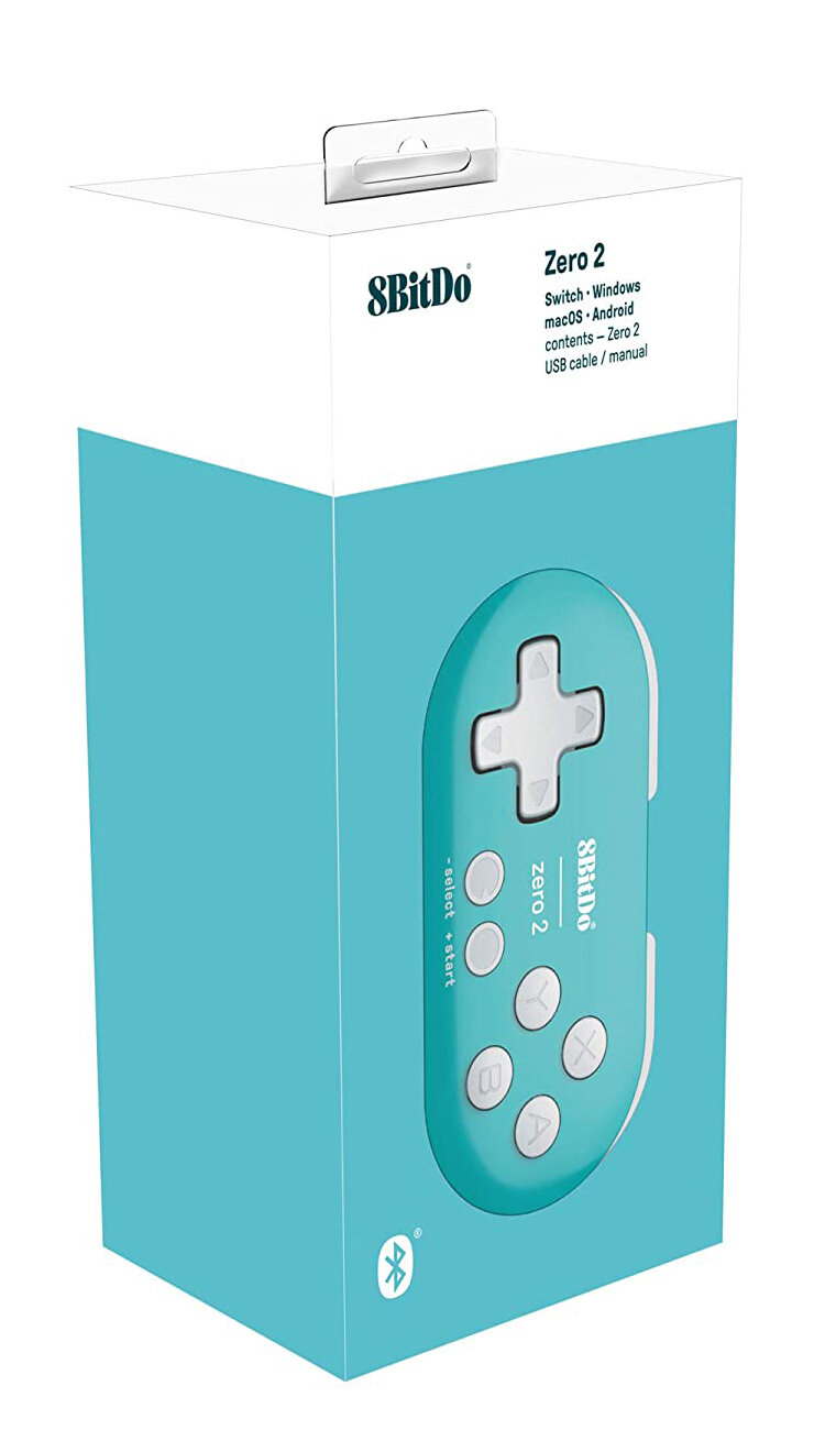 Pudełko na turkusowy kontroler. Posiada obraz kontrolera i szczegóły marki, Switch, Windows, macOS i Android.