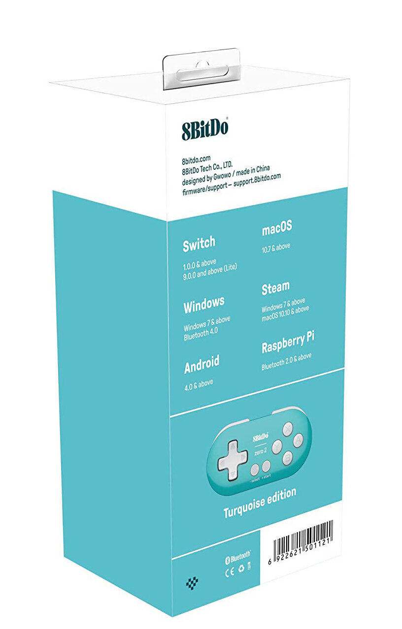 Tył pudełka z kontrolerem i szczegółami marki. Wymienia kompatybilność z Switch, Windows, macOS i innymi.