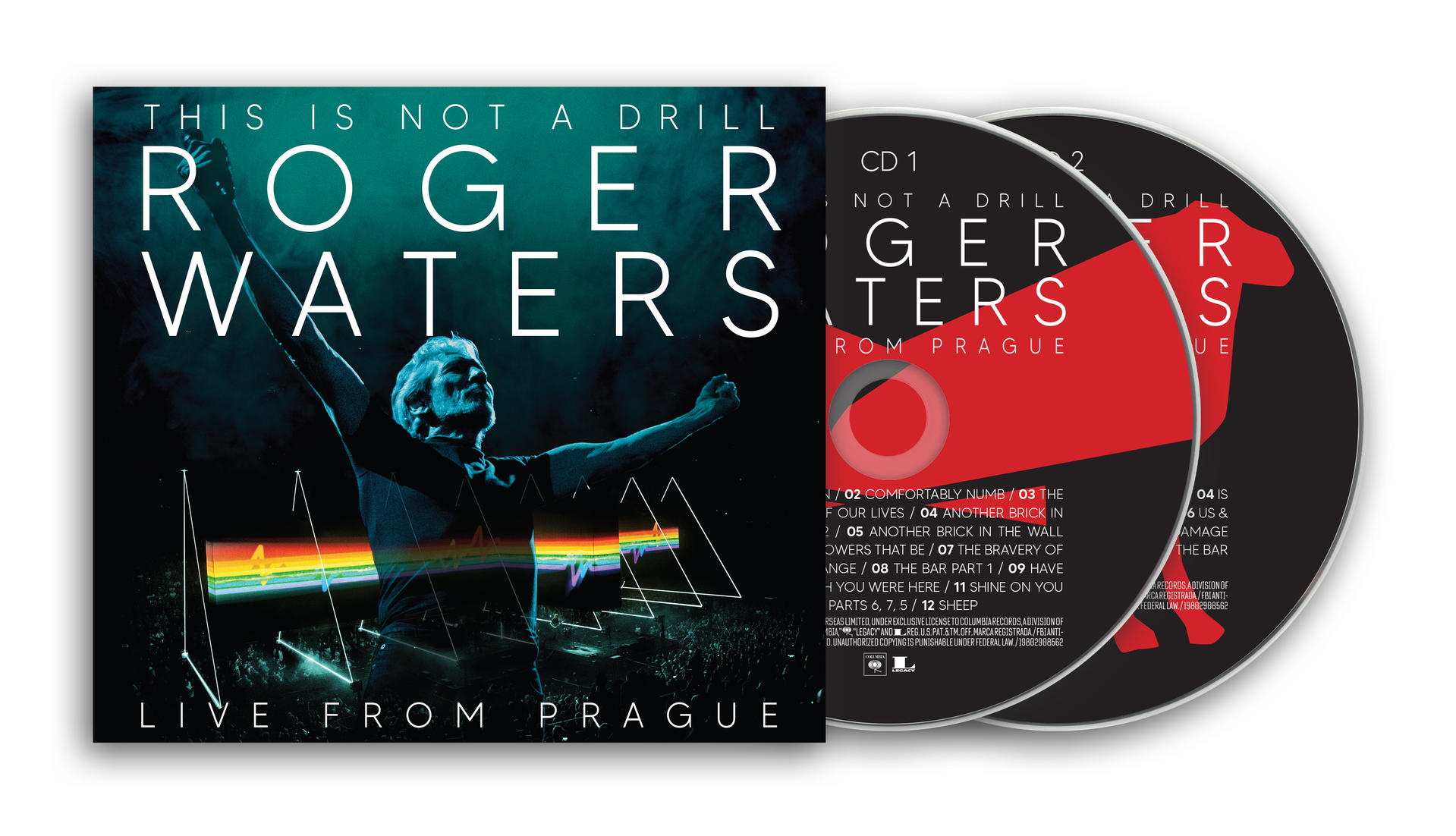 Roger Waters Album und CD-Set. Das Albumcover zeigt einen Mann mit erhobenen Armen. CDs sind sichtbar.