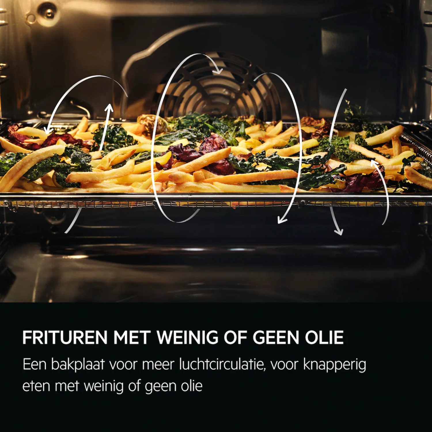 Oven interior with fries and vegetables. White arrows show air circulation.