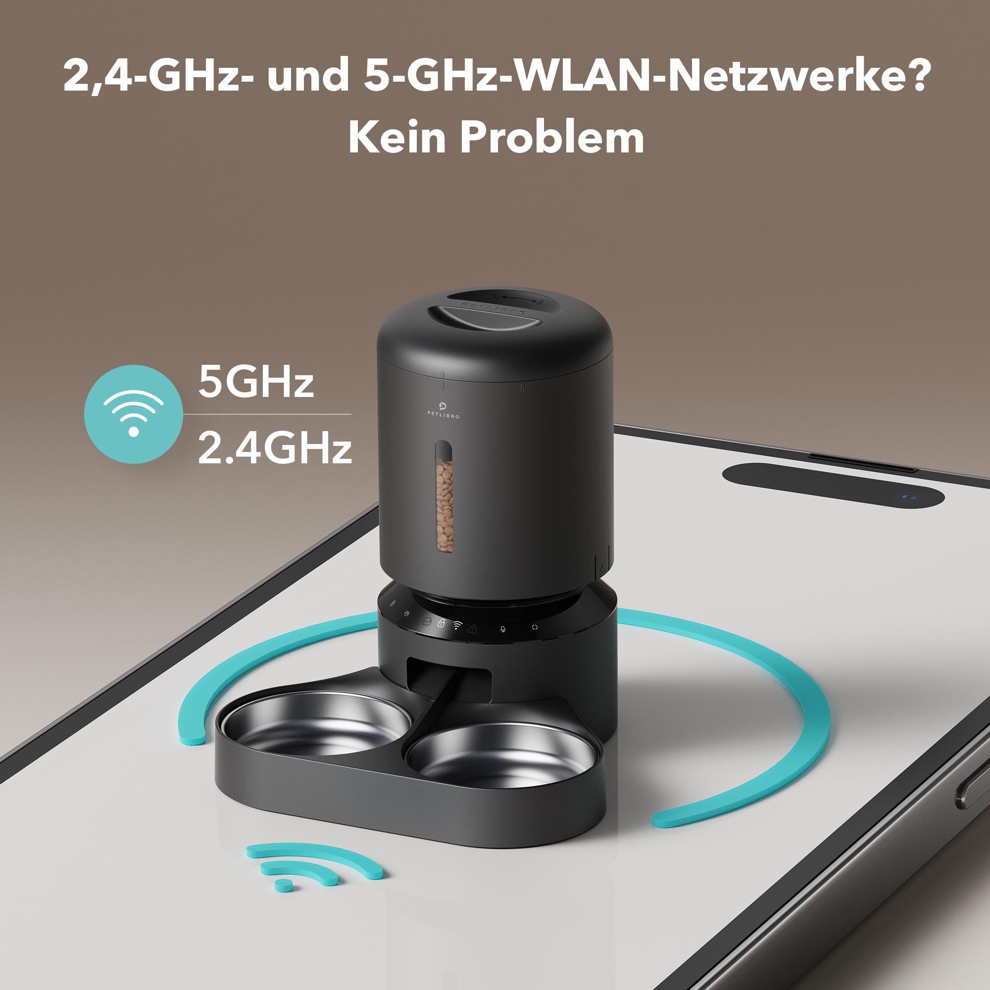 Schwarzer Futterautomat auf einem weißen Telefon. 5 GHz und 2,4 GHz Symbole. Blauer Kreis um den Feeder.