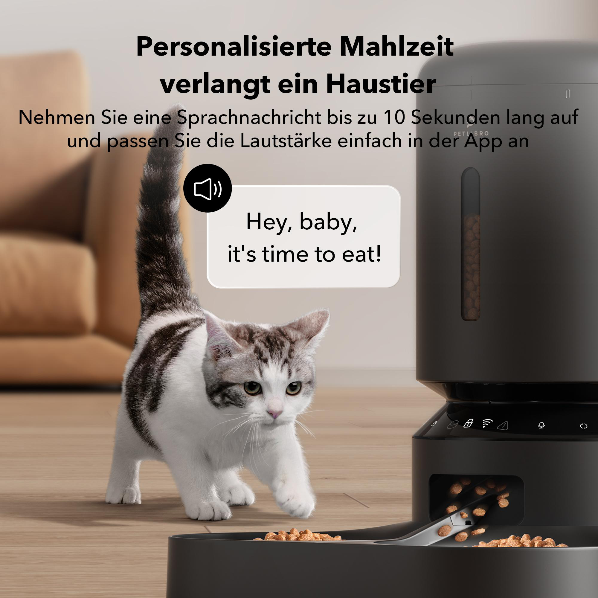 Katze nähert sich einem schwarzen Futterautomaten. Eine Sprechblase sagt: „Hey, Baby, es ist Zeit zu essen!“
