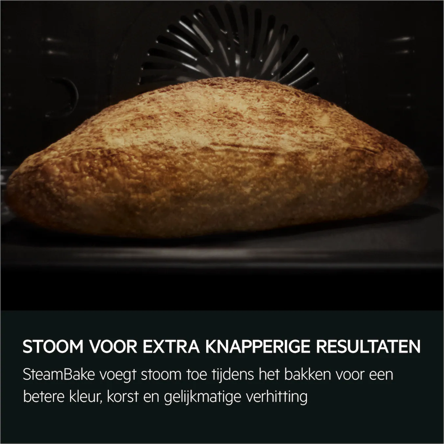 Inside of an oven with a loaf of bread. The bread is golden brown.