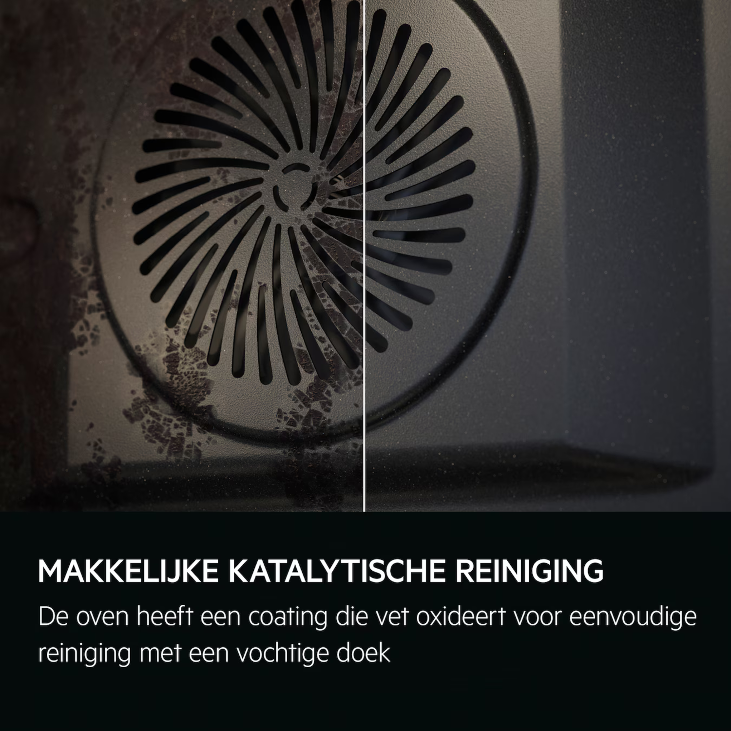 Close-up of an oven interior. One side is dirty, the other clean, showing catalytic cleaning.